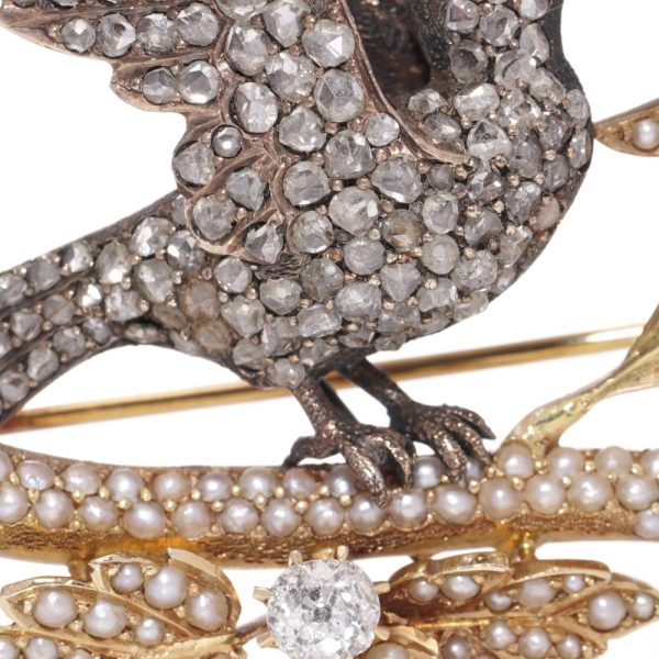 Victorian Antique 4.14ct Old Cut and Rose Cut Diamond and Seed Pearl Bird Brooch