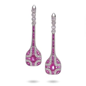 Art Deco Inspired 1.61ct Ruby and 1.50ct Diamond Drop Earrings in Platinum