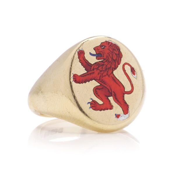 Vintage 18ct Gold Signet Ring with Red Enamel Lion