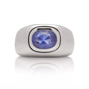 2ct Oval Blue Sapphire Set 18ct White Gold Chunky Domed Unisex Ring