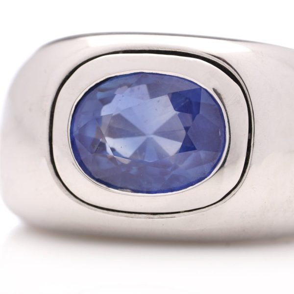 2ct Oval Blue Sapphire Set 18ct White Gold Chunky Domed Unisex Ring