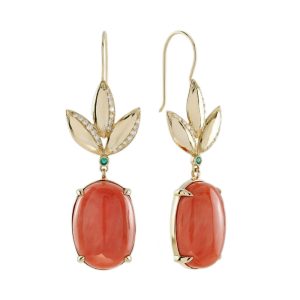 28.40ct Cabochon Coral and 18ct Yellow Gold Leaves Drop Earrings with Diamonds and Emeralds