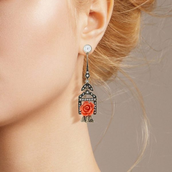 Decorative Rose Carved Coral Pearl and Diamond Drop Earrings