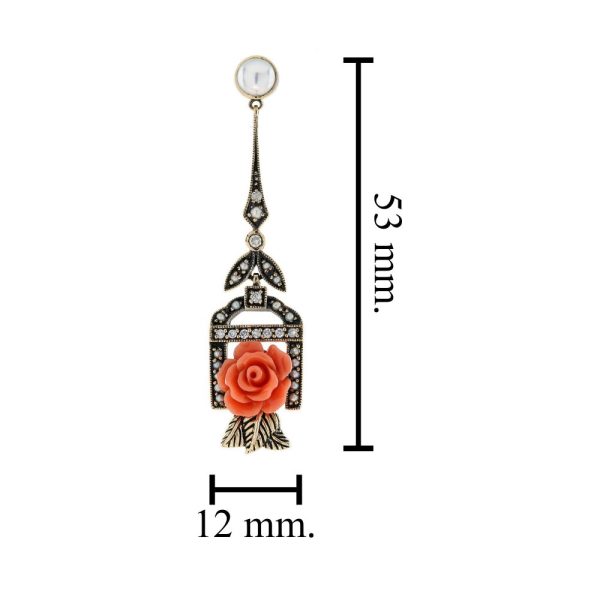 Decorative Rose Carved Coral Pearl and Diamond Drop Earrings