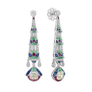 GIA Certified 2.03ct Diamond Emerald Ruby and Sapphire Drop Earrings