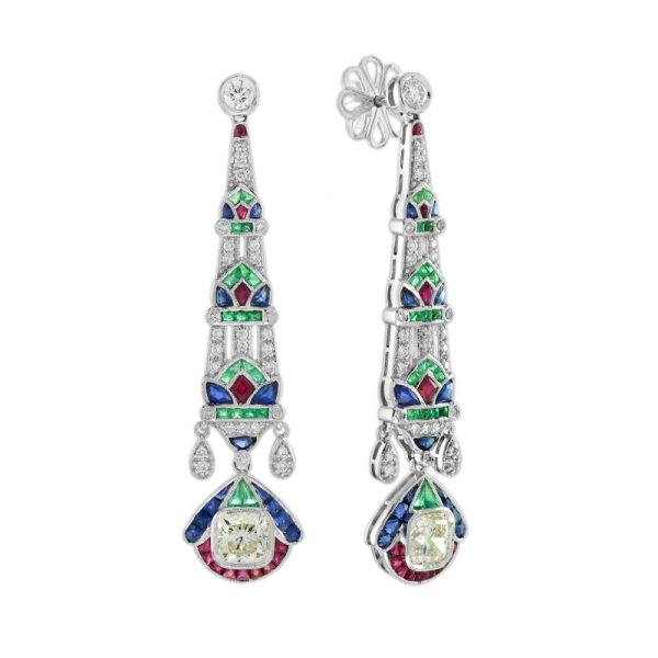GIA Certified 2.03ct Diamond Emerald Ruby and Sapphire Drop Earrings