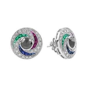 Black Diamond and Multi Gemstone Swirl Cluster Stud Earrings