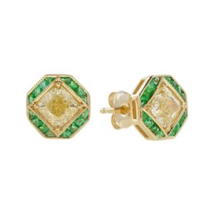GIA Certified 1.42ct Fancy Yellow Diamond and Emerald Stud Earrings in 18ct Yellow Gold