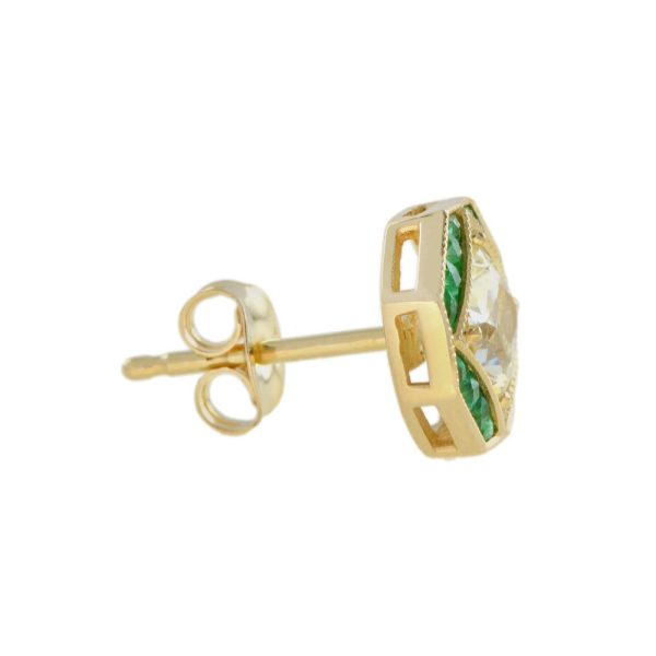 GIA Certified 1.42ct Cushion Cut Yellow Diamond and Emerald Stud Earrings in 18ct Yellow Gold