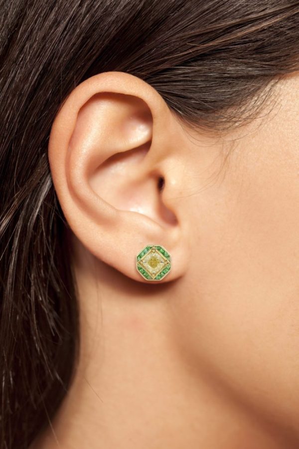 GIA Certified 1.42ct Cushion Cut Yellow Diamond and Emerald Stud Earrings