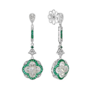 Diamond and Emerald Quatrefoil Cluster Drop Earrings