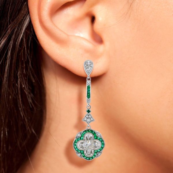 Diamond and Emerald Quatrefoil Cluster Drop Earrings