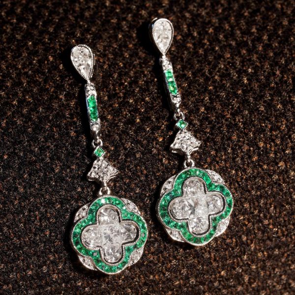 Diamond and Emerald Quatrefoil Cluster Drop Earrings