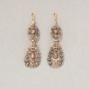 Georgian Antique Rose Cut Diamond Lace Cluster Drop Chandelier Earrings Circa 1820