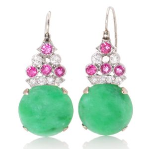 Vintage Jadeite Jade Ruby and Diamond Cluster Drop Earrings