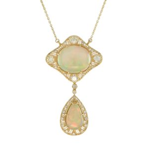 Ethiopian Opal and Diamond Double Cluster Pendant Necklace