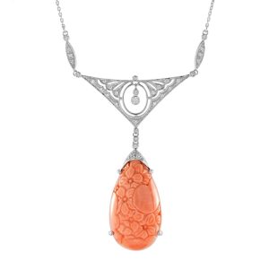 Floral Carved Coral and Diamond Pendant Necklace