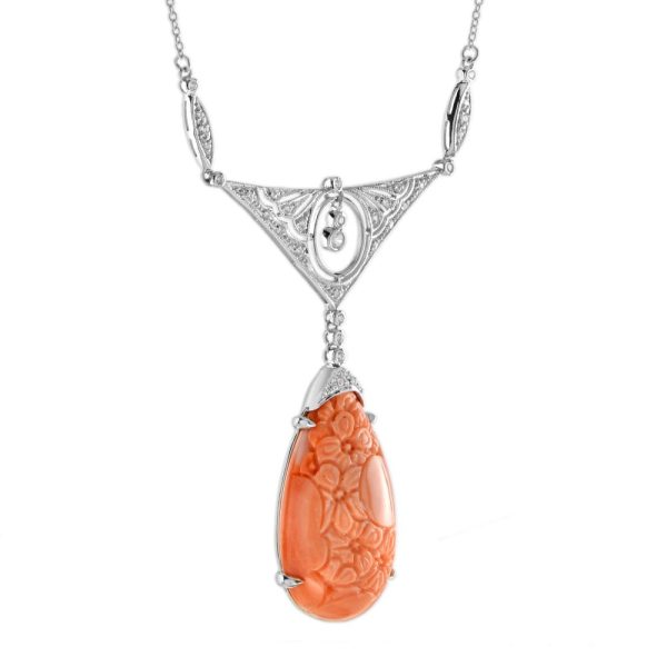 Floral Carved Coral and Diamond Pendant Necklace