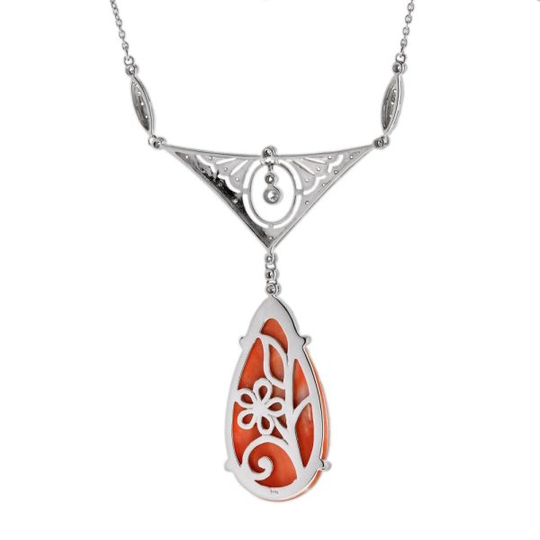 Floral Carved Coral and Diamond Pendant Necklace