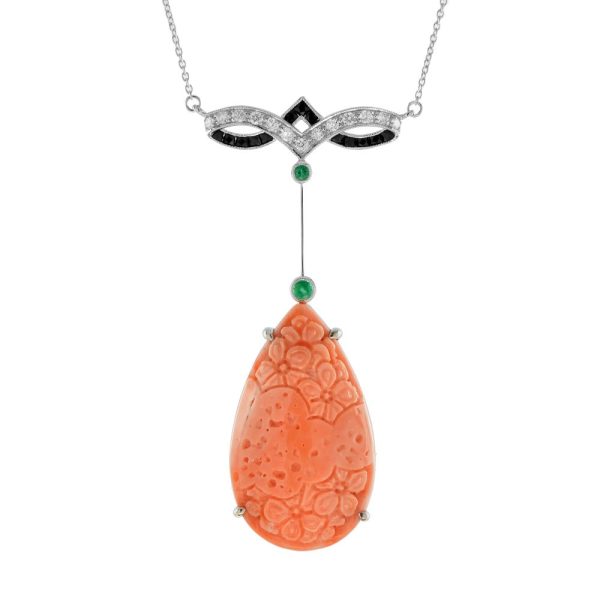 26.30ct Carved Pear Coral and Diamond Pendant Necklace with Emerald and Onyx