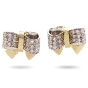 VIntage Pomellato 1.08ct Diamond Set Gold Bow Earrings
