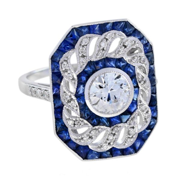 1ct Old Cut Diamond with Diamond Twist and Sapphire Cluster Ring