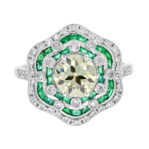 Certified 1.28ct Old Mine Cut Diamond and Emerald Floral Cluster Ring