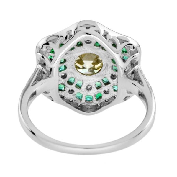 Certified 1.28ct Fancy Yellow Old Mine Cut Diamond and Emerald Floral Cluster Ring