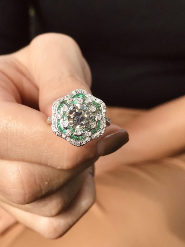Certified 1.28ct Fancy Yellow Old Mine Cut Diamond and Emerald Floral Cluster Ring