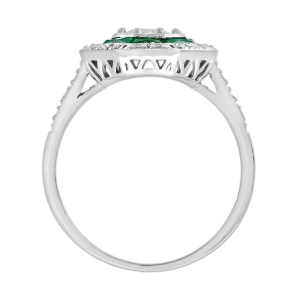 Old Cut Diamond and Emerald Octagonal Target Cluster Engagement Ring