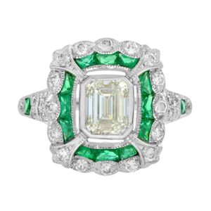 GIA Certified 1ct Emerald Cut Diamond and Emerald Cluster Ring