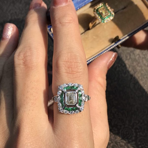 GIA Certified 1ct Emerald Cut Diamond and Emerald Cluster Engagement Ring