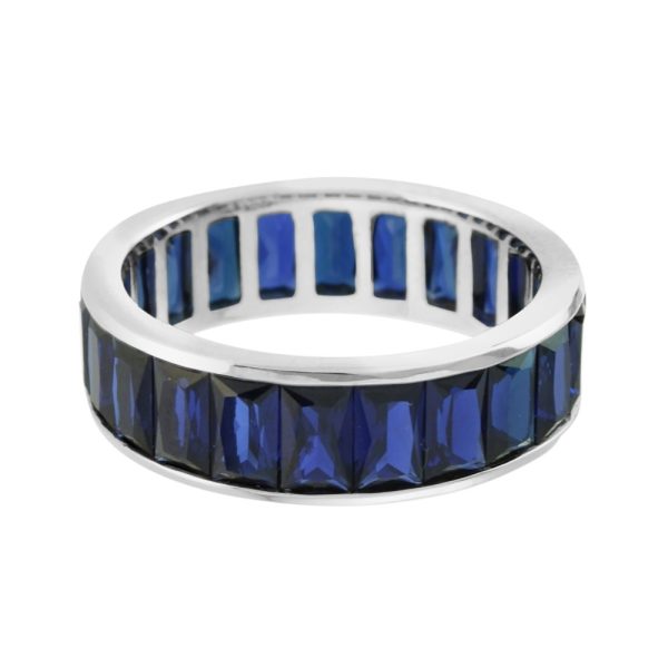 Channel Set Baguette Cut Sapphire Full Eternity Band Ring in Platinum, 14.30 carat total