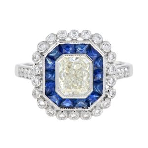 GIA 1.04ct Emerald Cut Diamond and Sapphire Cluster Engagement Ring