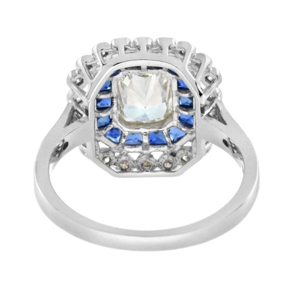 GIA Certified 1.04ct Emerald Cut Diamond and Sapphire Cluster Engagement Ring