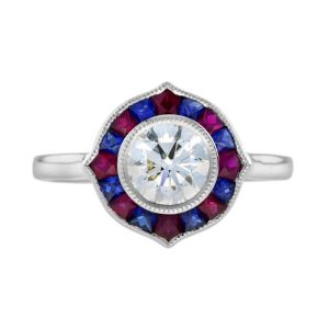 GIA 1ct Diamond with Ruby and Sapphire Target Cluster Engagement Ring