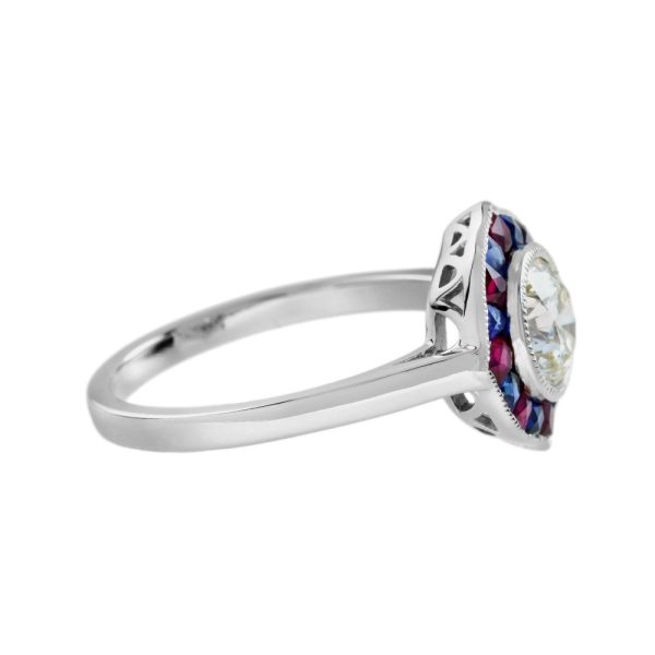 GIA Certified 1ct Diamond with Ruby and Sapphire Target Cluster Engagement Ring in Platinum