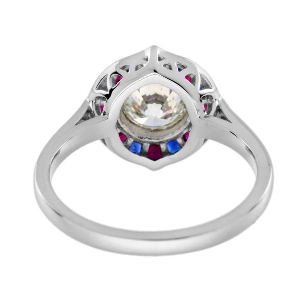 GIA Certified 1ct Diamond with Ruby and Sapphire Target Cluster Engagement Ring in Platinum