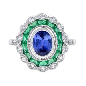 Oval Ceylon Sapphire with Emerald and Diamond Cluster Ring
