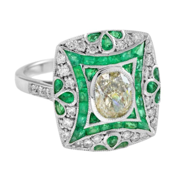 Certified 1.28ct Diamond and Emerald Cluster Dress Ring in 18ct White Gold