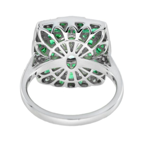 Certified 1.28ct Diamond and Emerald Cluster Dress Ring in 18ct White Gold