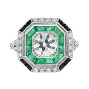 Old Cut Diamond Emerald and Onyx Octagonal Cluster Engagement Ring