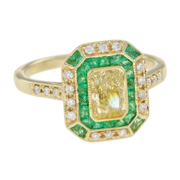 Emerald Cut Fancy Light Yellow Diamond and Emerald Cluster Engagement Ring