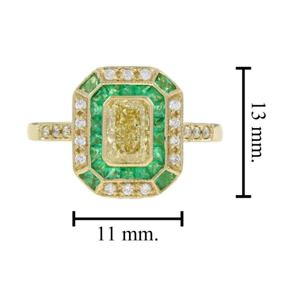 Emerald Cut Fancy Light Yellow Diamond and Emerald Cluster Engagement Ring
