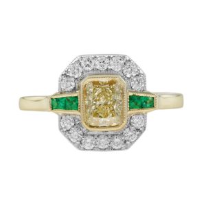 Yellow Diamond, White Diamond and Emerald Cluster Engagement Ring