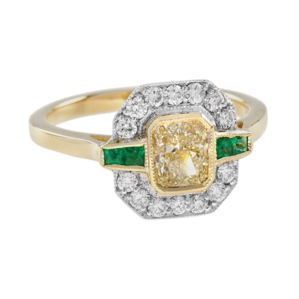 Emerald Cut Yellow Diamond White Diamond and Emerald Cluster Engagement Ring in 18ct Yellow Gold