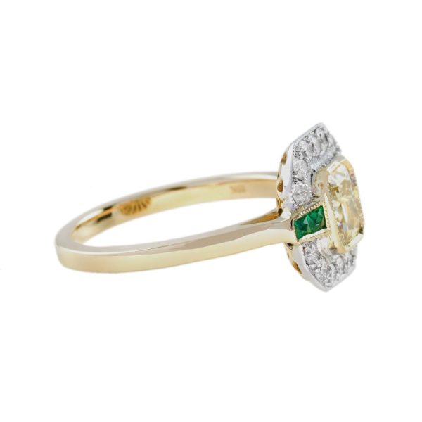Emerald Cut Yellow Diamond White Diamond and Emerald Cluster Engagement Ring in 18ct Yellow Gold