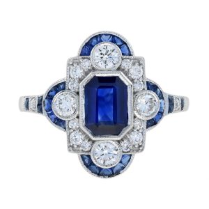 Emerald Cut Ceylon Sapphire and Diamond Cluster Dress Ring
