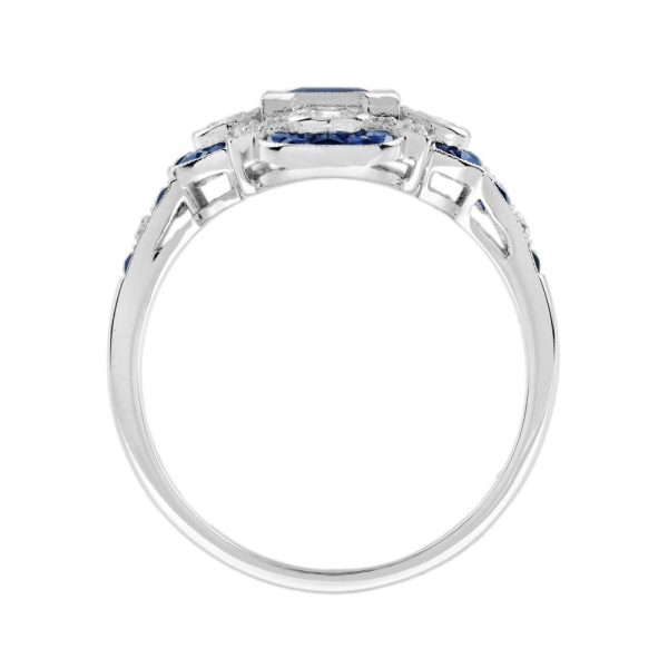 0.99ct Emerald Cut Ceylon Sapphire and Diamond Cluster Dress Ring in 18ct White Gold