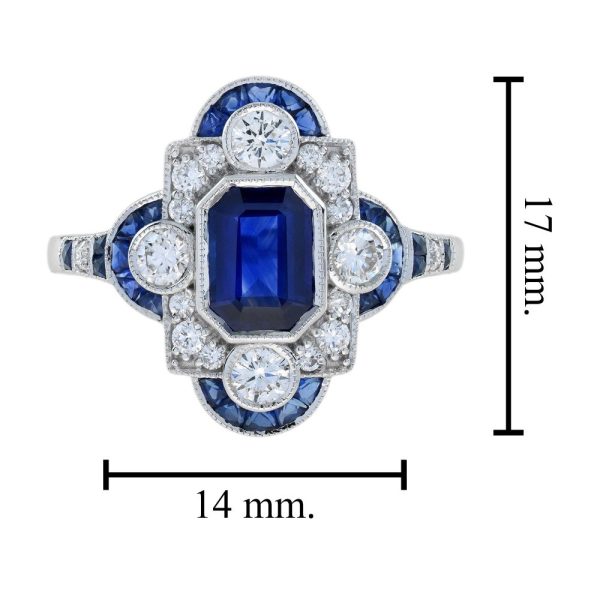 0.99ct Emerald Cut Ceylon Sapphire and Diamond Cluster Dress Ring in 18ct White Gold